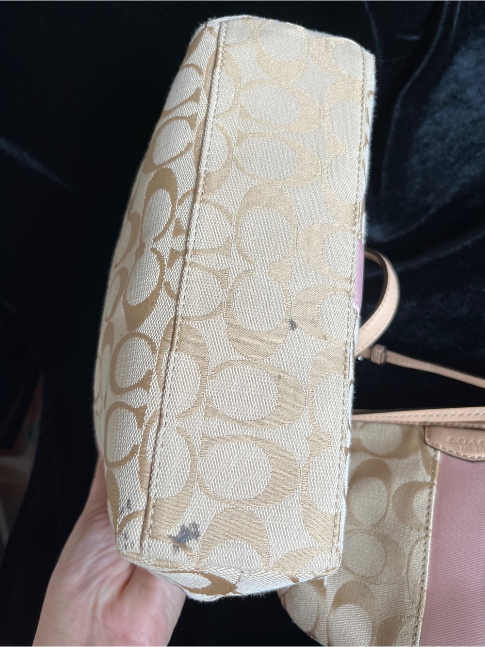 Vintage SIGNATURE STRIPE TOP HANDLE TOTE COACH KHAKI/SHELL PINK w/Wristlet - Picture 6 of 12